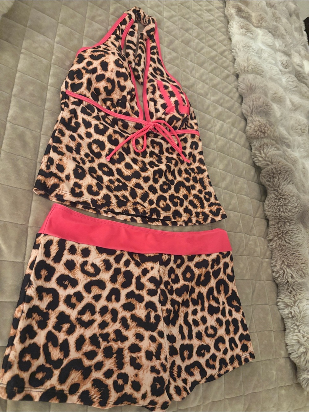Leopard Print Tankini Set with Pink Trim